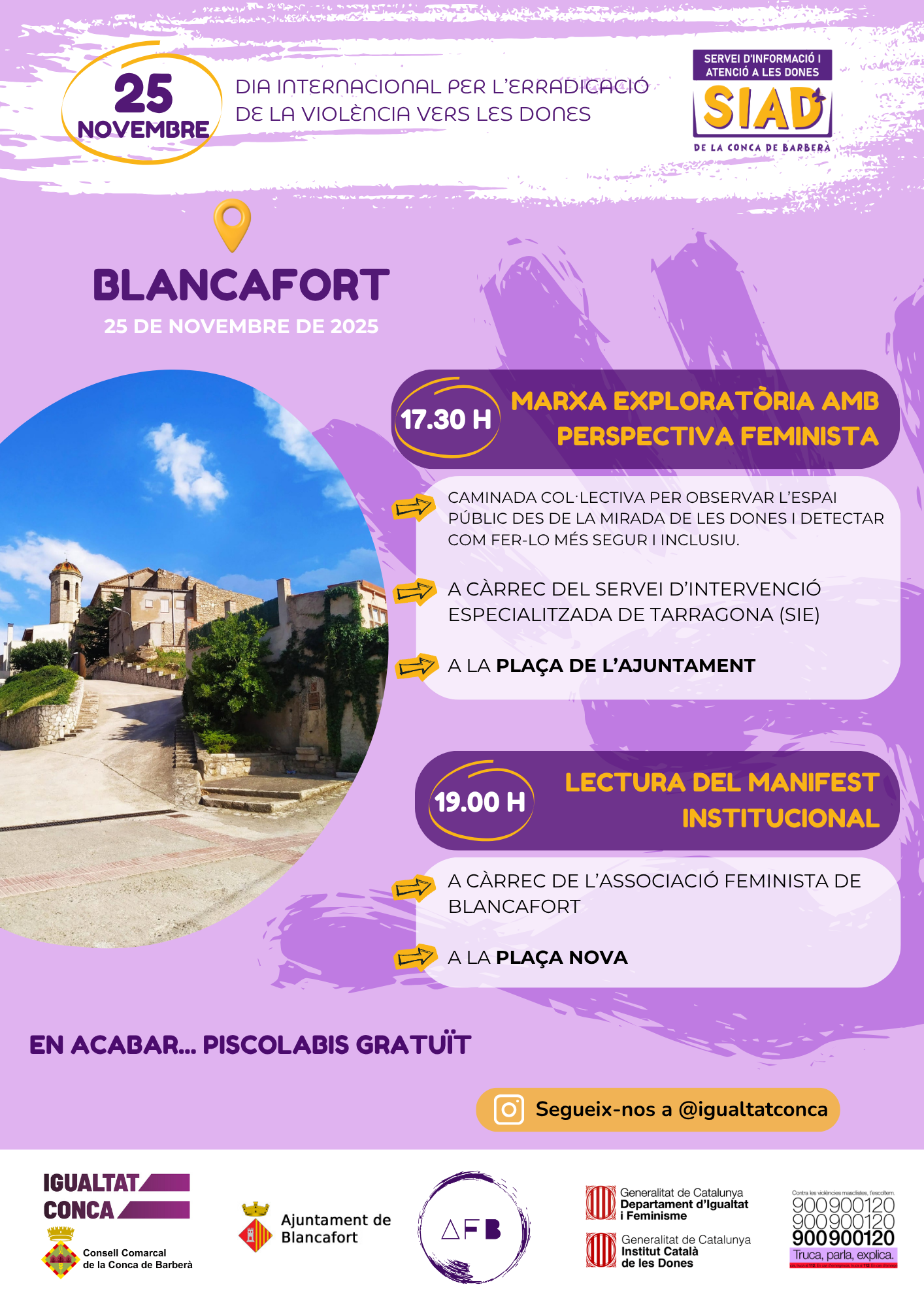 Blancafort acollirà l’acte institucional amb una marxa exploratòria amb perspectiva feminista i la lectura del manifest del 25 de novembre