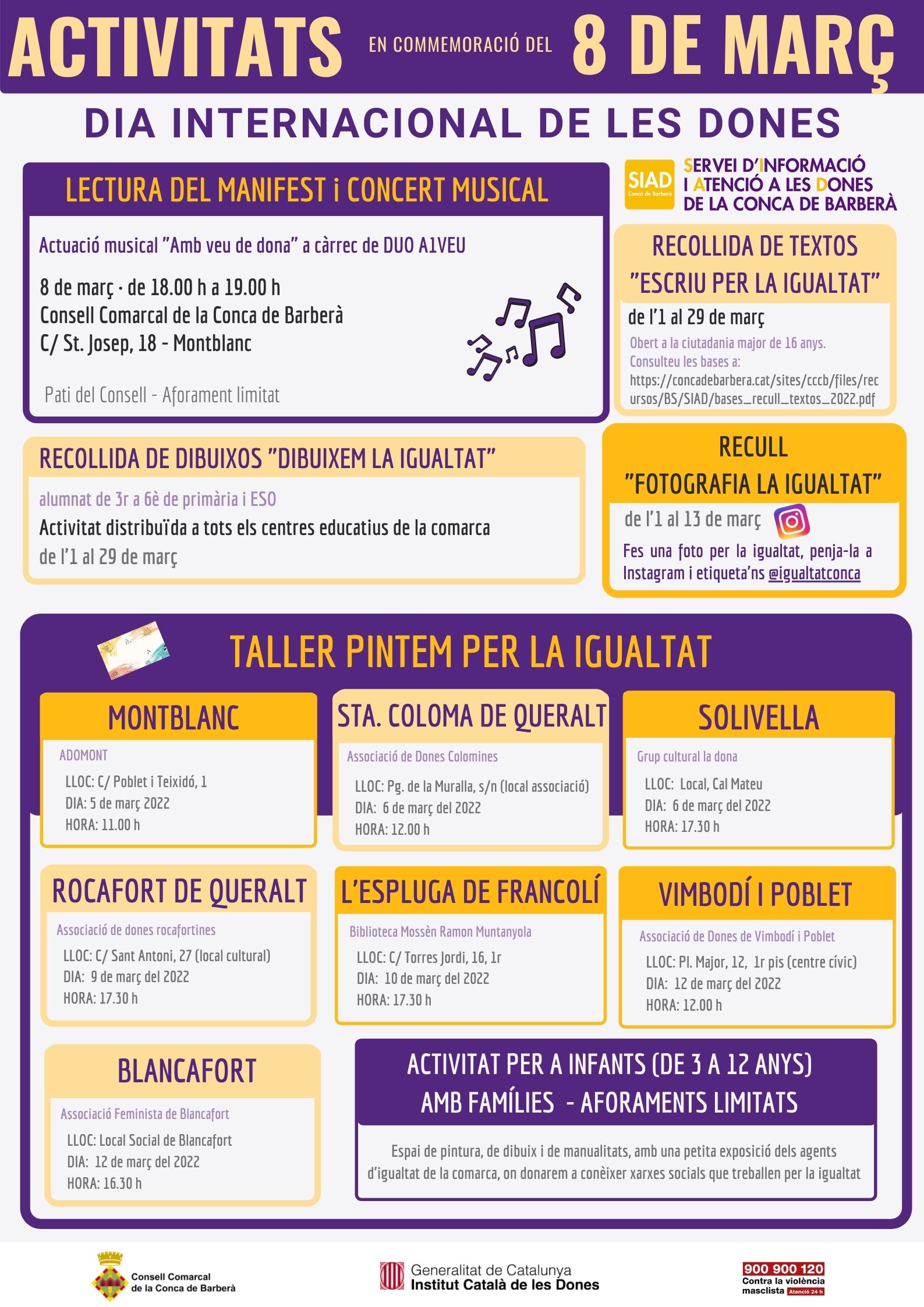 El servei d’informació i atenció a les dones de la conca de barberà organitza un seguit d'activitats per commemorar el 8 de març