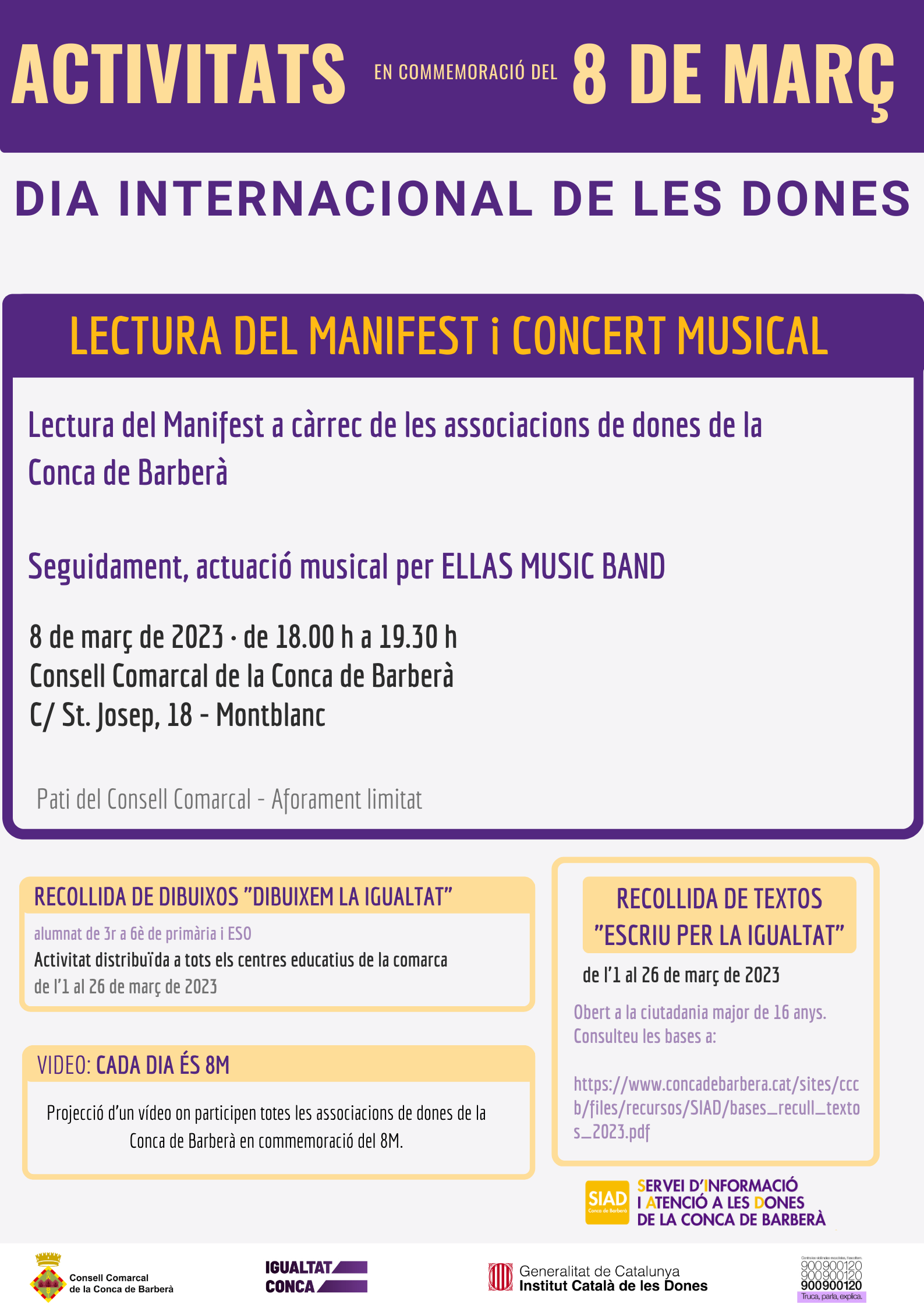 El servei d’informació i atenció a les dones de la conca de barberà organitza un seguit d'activitats per commemorar el 8 de març