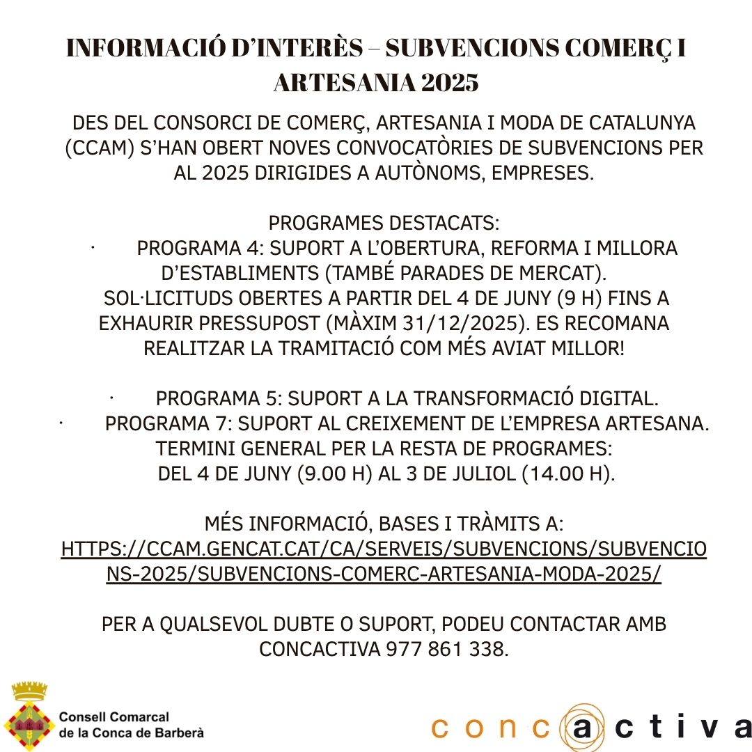 Informació d’interès – subvencions comerç i artesania 2025