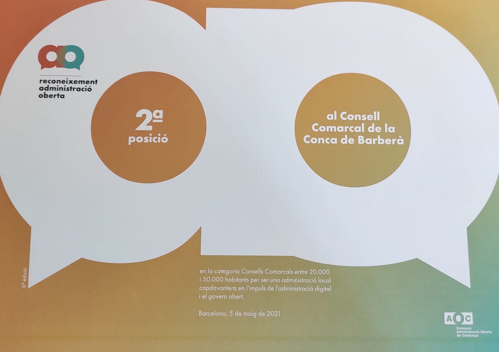 El consell comarcal de la conca de barberà rep un guardó dels vi reconeixements administració oberta per la seva transparència digital