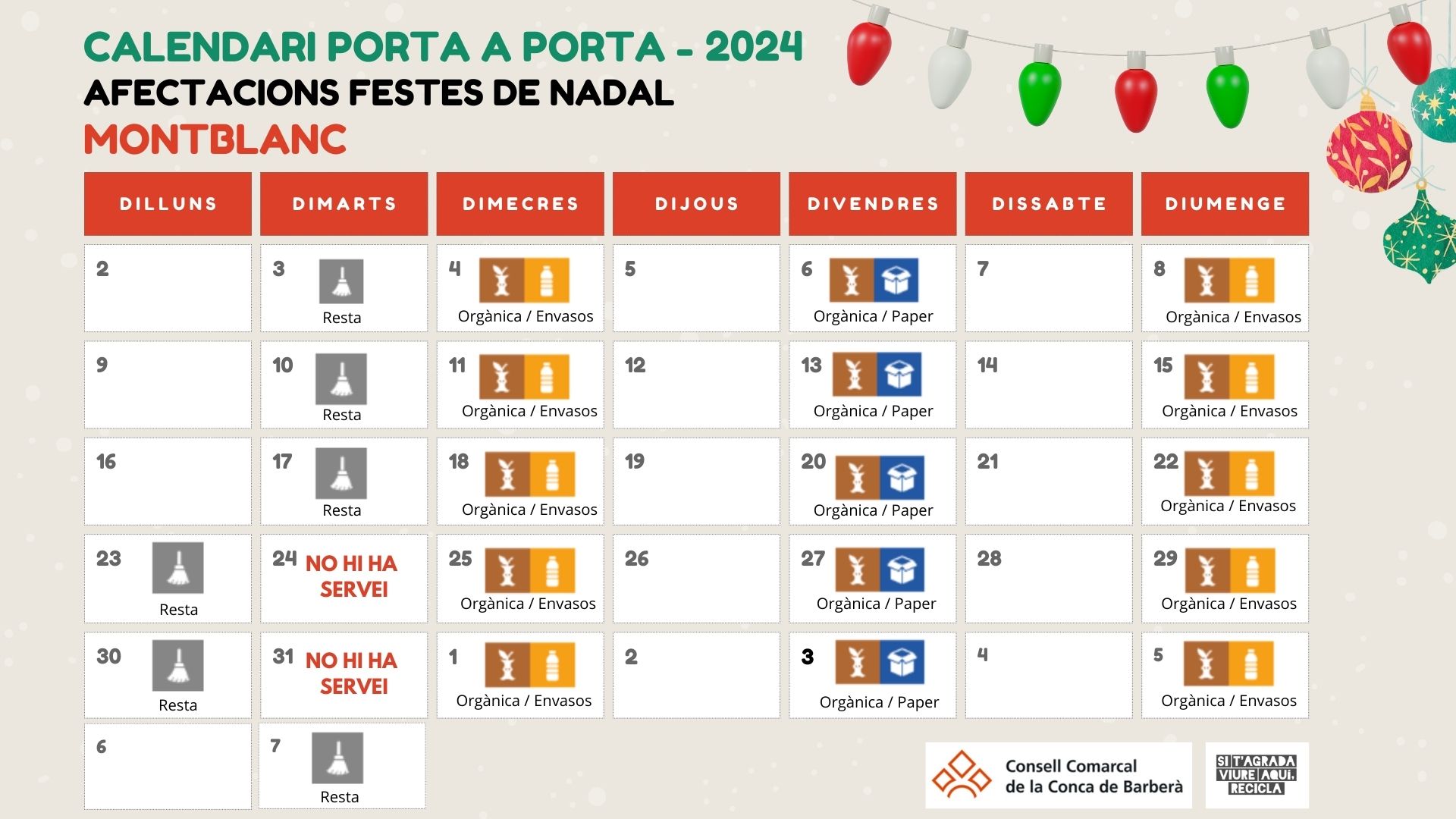 Afectacions en la recollida de residus porta a porta durant les festes de nadal 