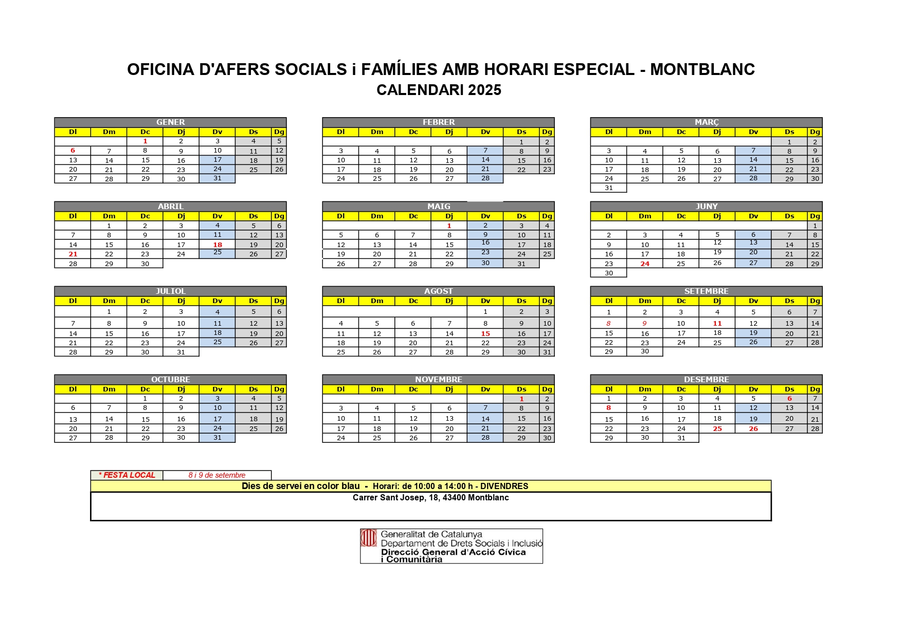 Disponible el calendari de l’oficina d’afers socials i famílies pel 2025