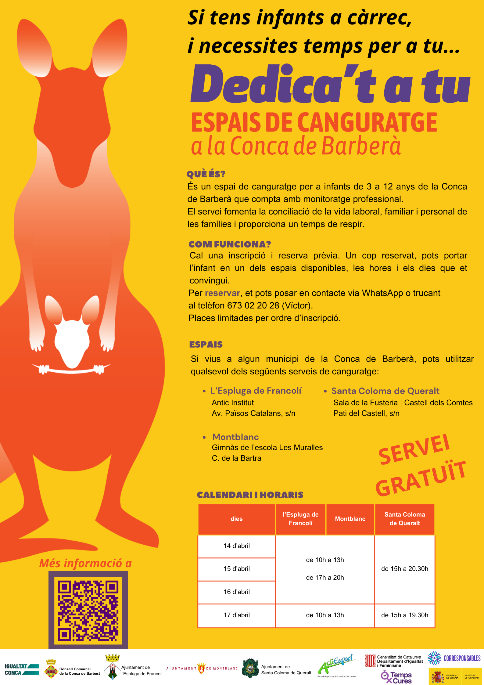 El servei de canguratge “dedica’t a tu”, per tercer any consecutiu a la conca de barberà