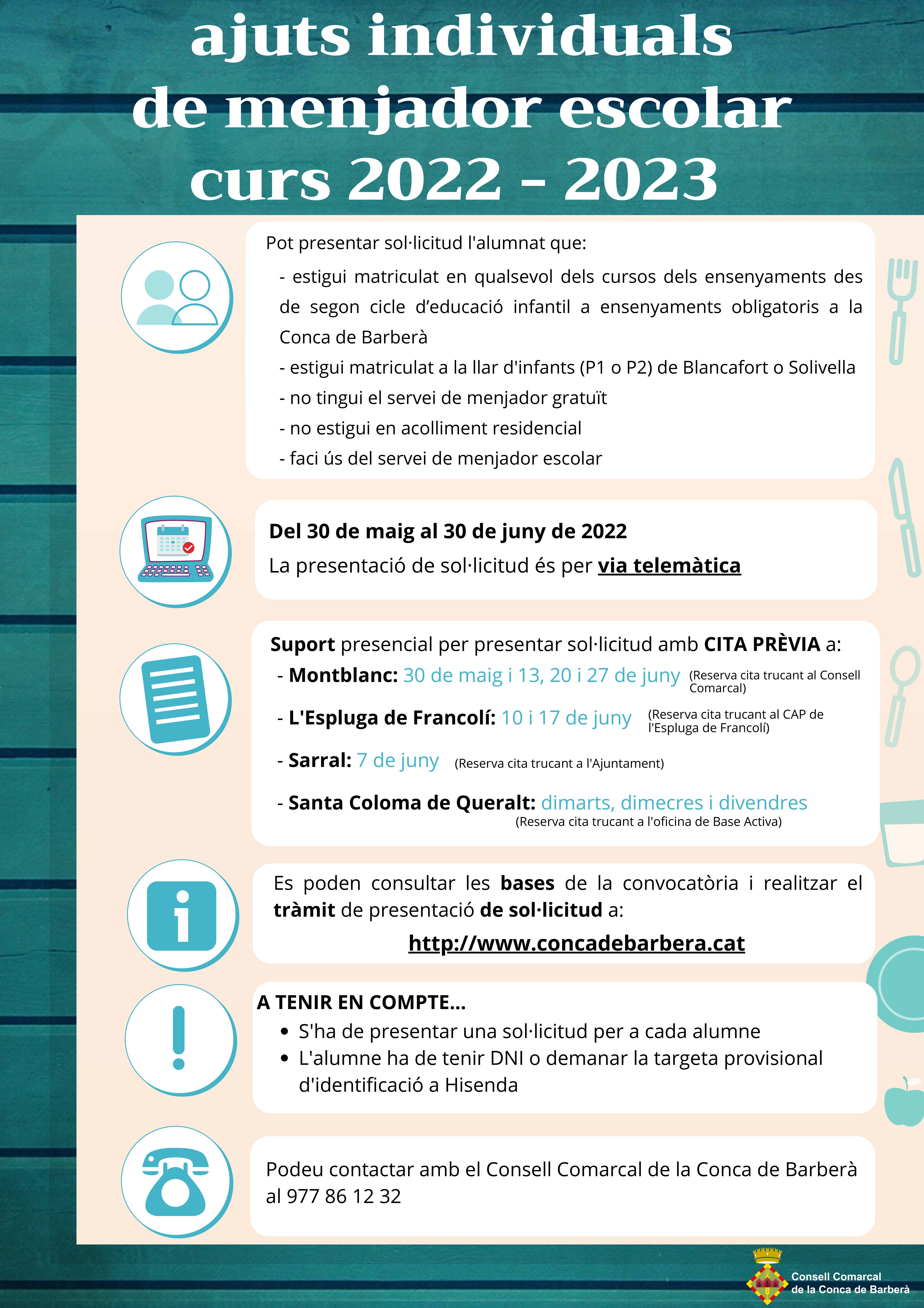Fins al pròxim 30 de juny es pot presentar la sol·licitud d'ajuts individuals de menjador escolar pel curs 2022  2023