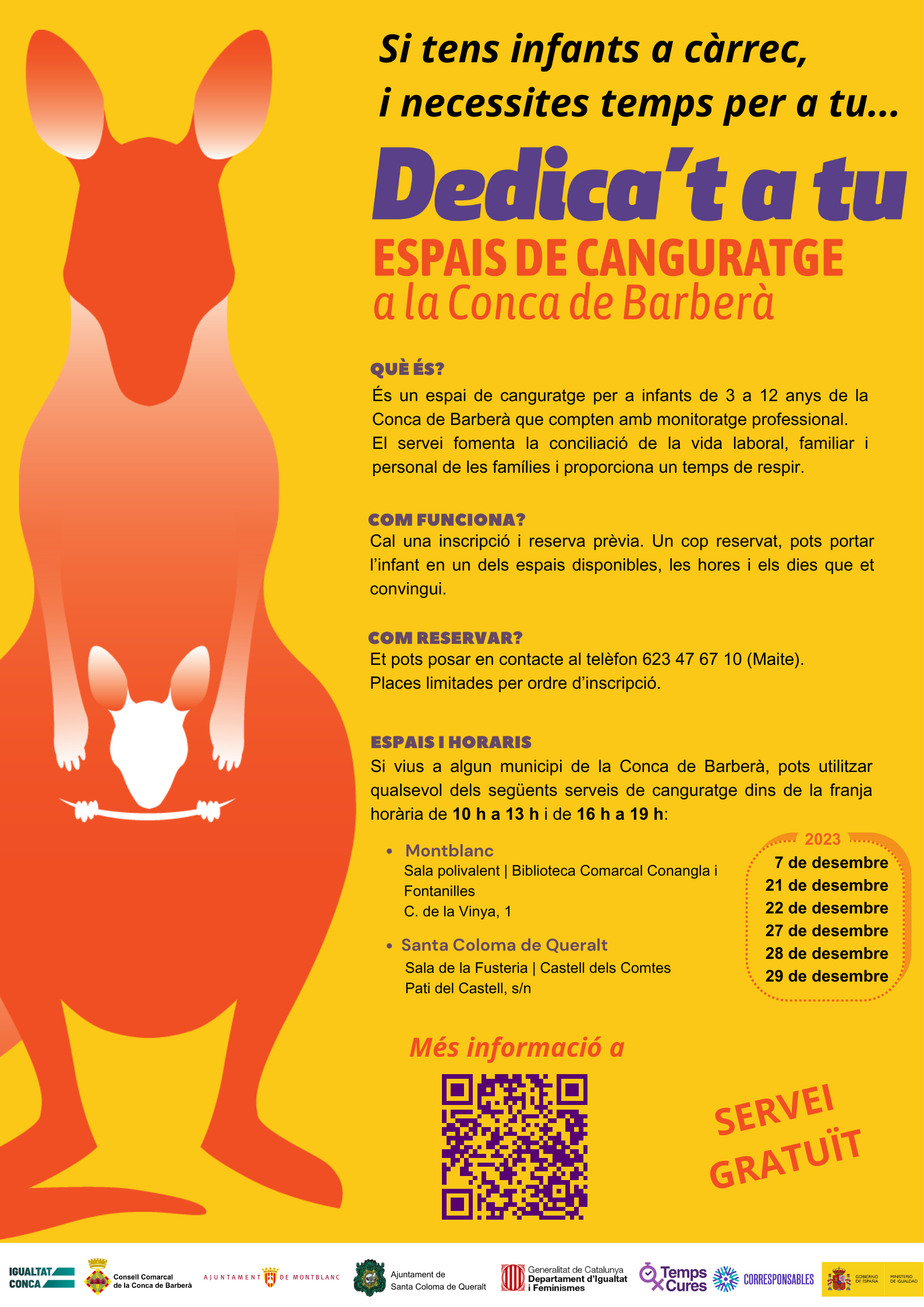 La conca de barberà ofereix per segon any consecutiu el servei de canguratge "dedica't a tu"
