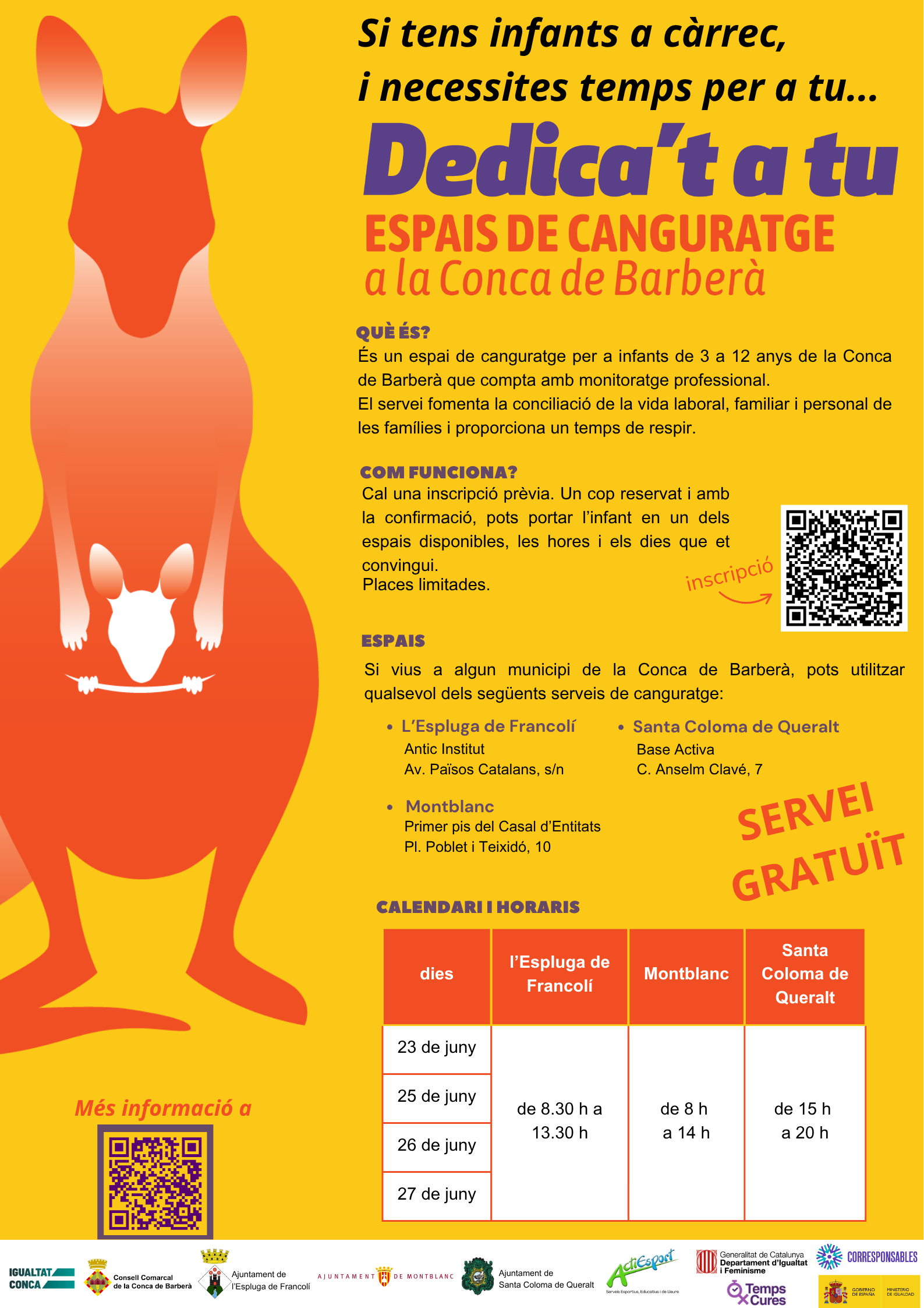 El consell comarcal impulsa novament el servei de canguratge gratuït a la conca de barberà per facilitar la conciliació familiar