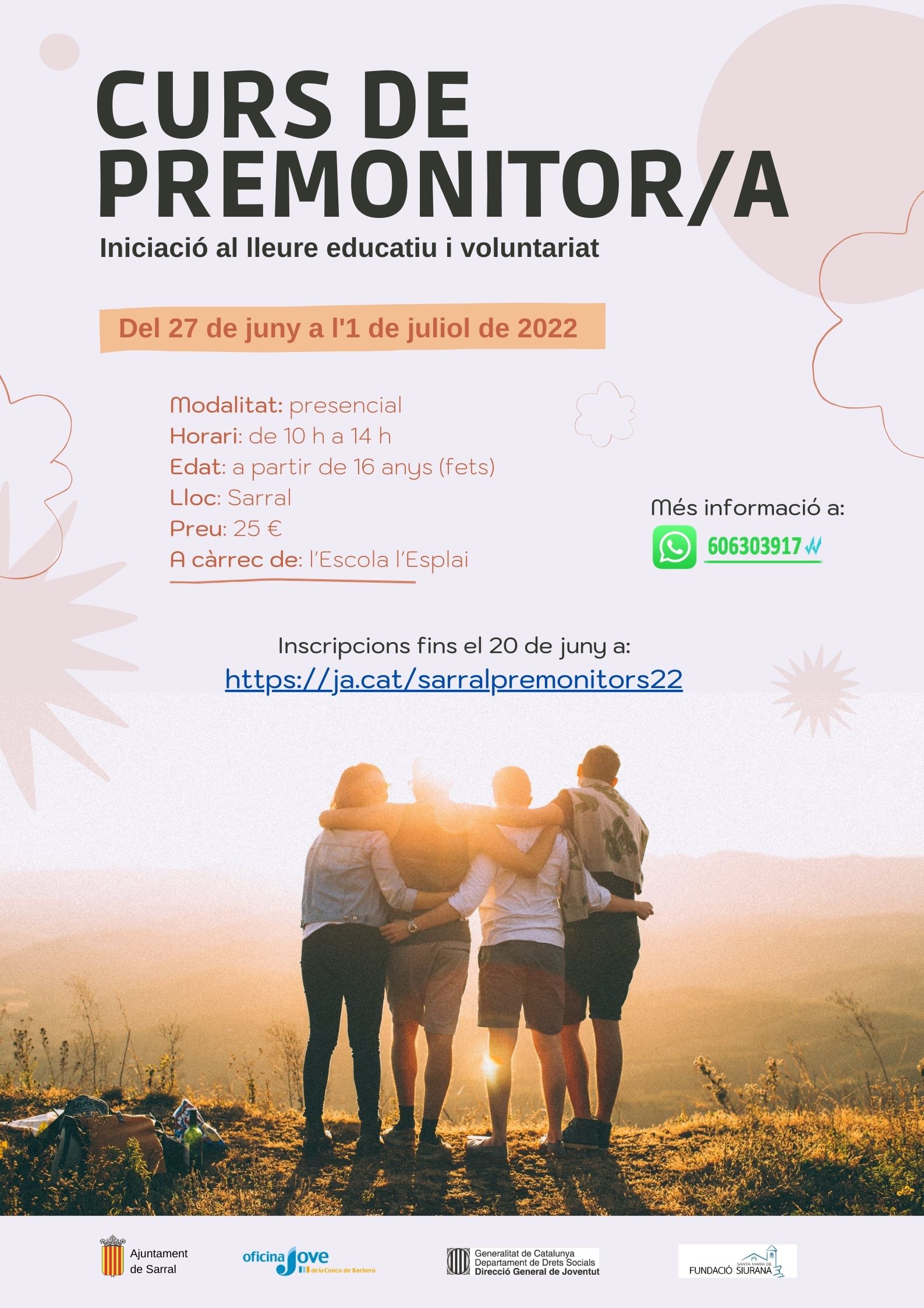 Curs de premonitors/es a sarral per a joves a partir de 16 anys