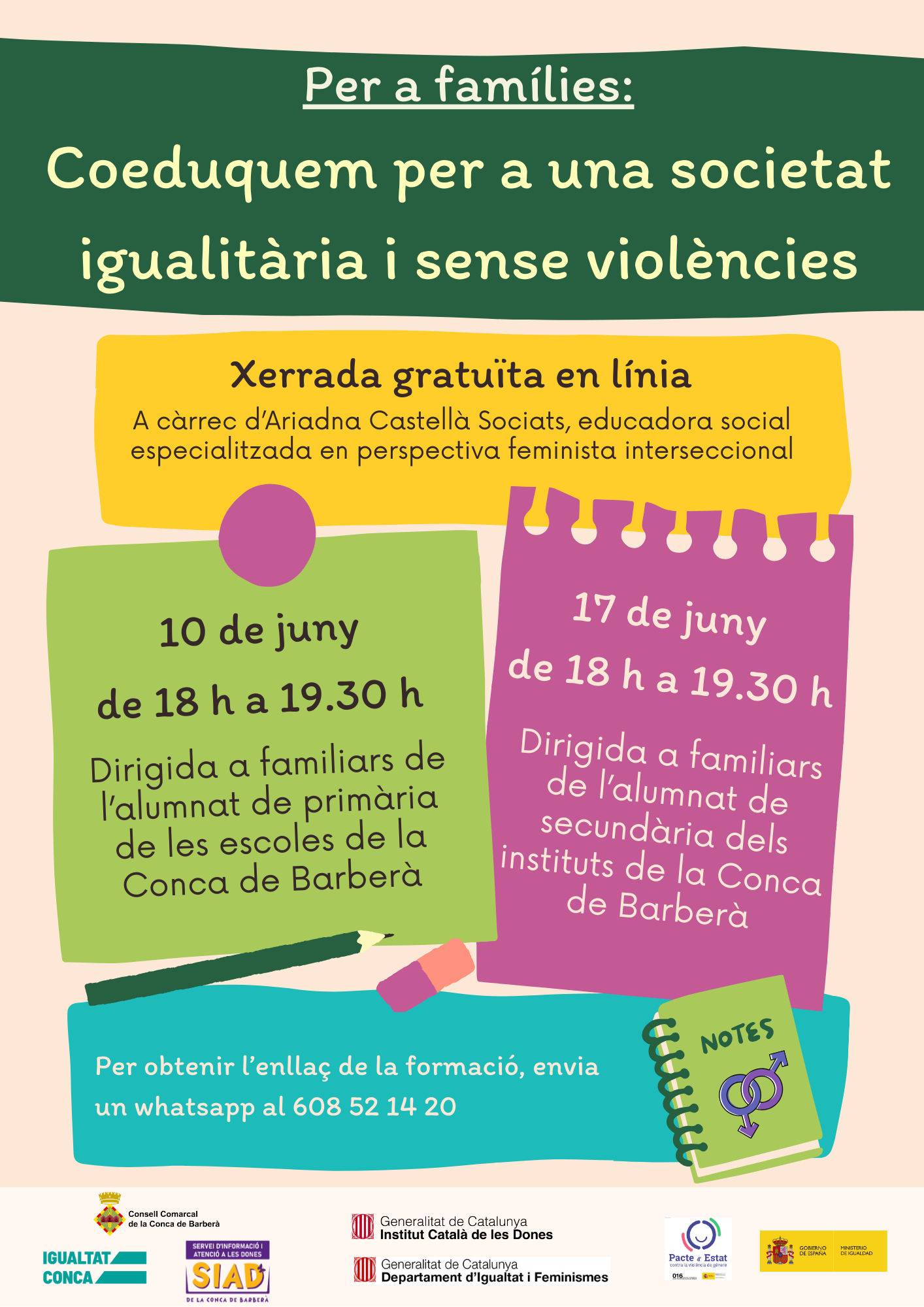 Des del siad s'organitzen dues xerrades gratuïtes en línia sobre coeducació per a famílies de l'alumnat de primària i secundària de la comarca