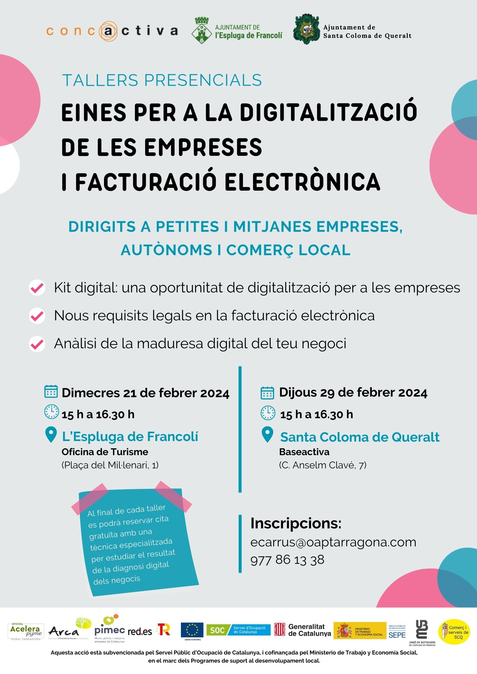 Nous tallers formatius per a la digitalització de les empreses  a l’espluga de francolí i santa coloma de queralt