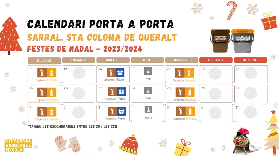 Afectacions en la recollida de residus porta a porta durant les festes de nadal 