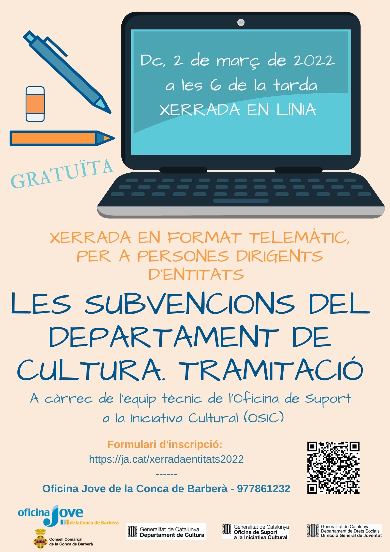 Nova sessió formativa en línia per a persones dirigents d'entitats "les subvencions del departament de cultura. tramitació" 