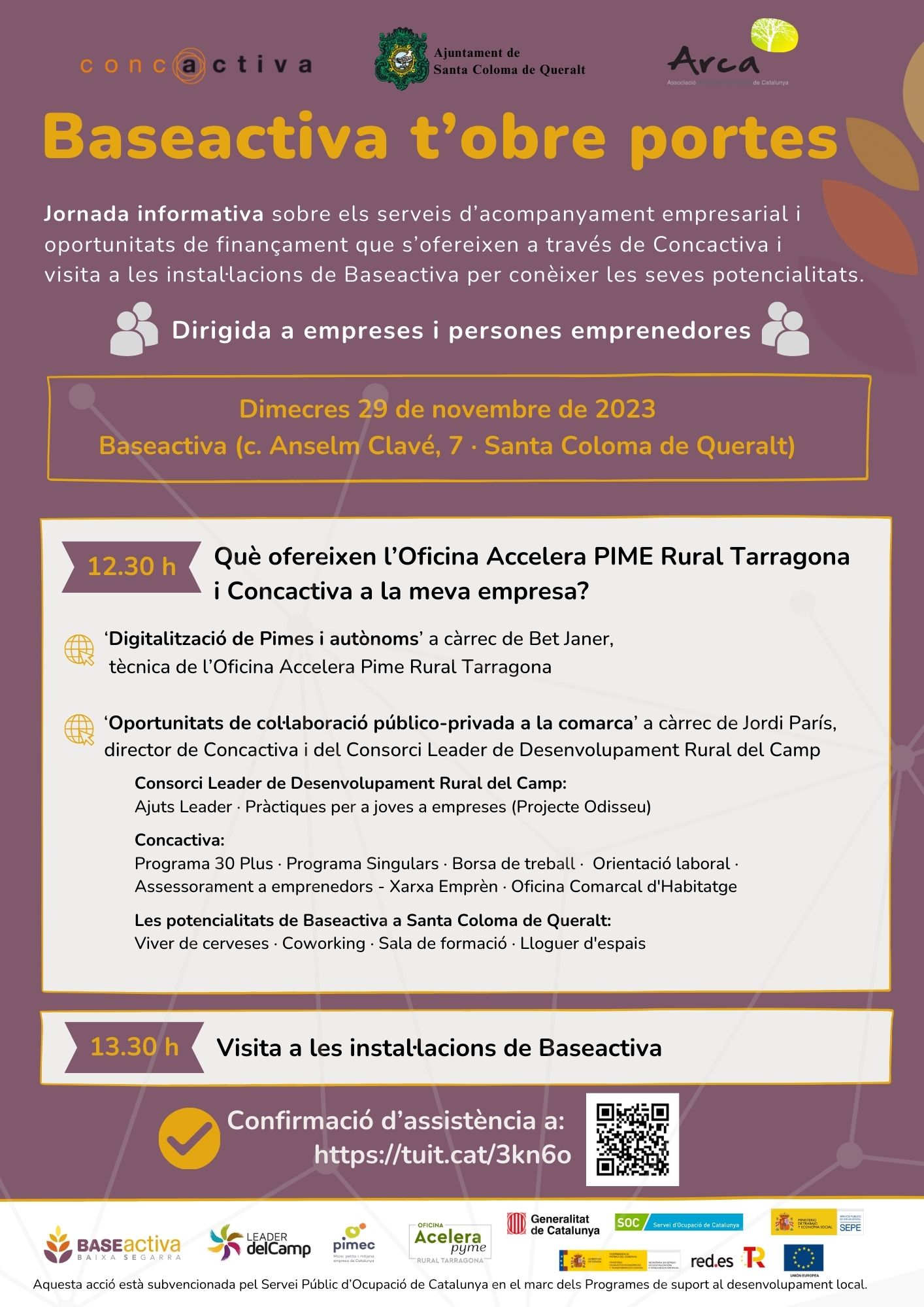 ‘baseactiva t’obre portes’, jornada informativa  per a empreses a santa coloma de queralt