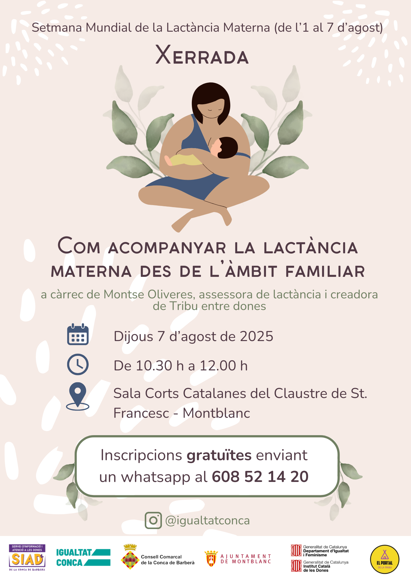 Amb motiu de la setmana mundial de la lactància materna, el siad del consell comarcal de la conca de barberà organitza una xerrada per a famílies