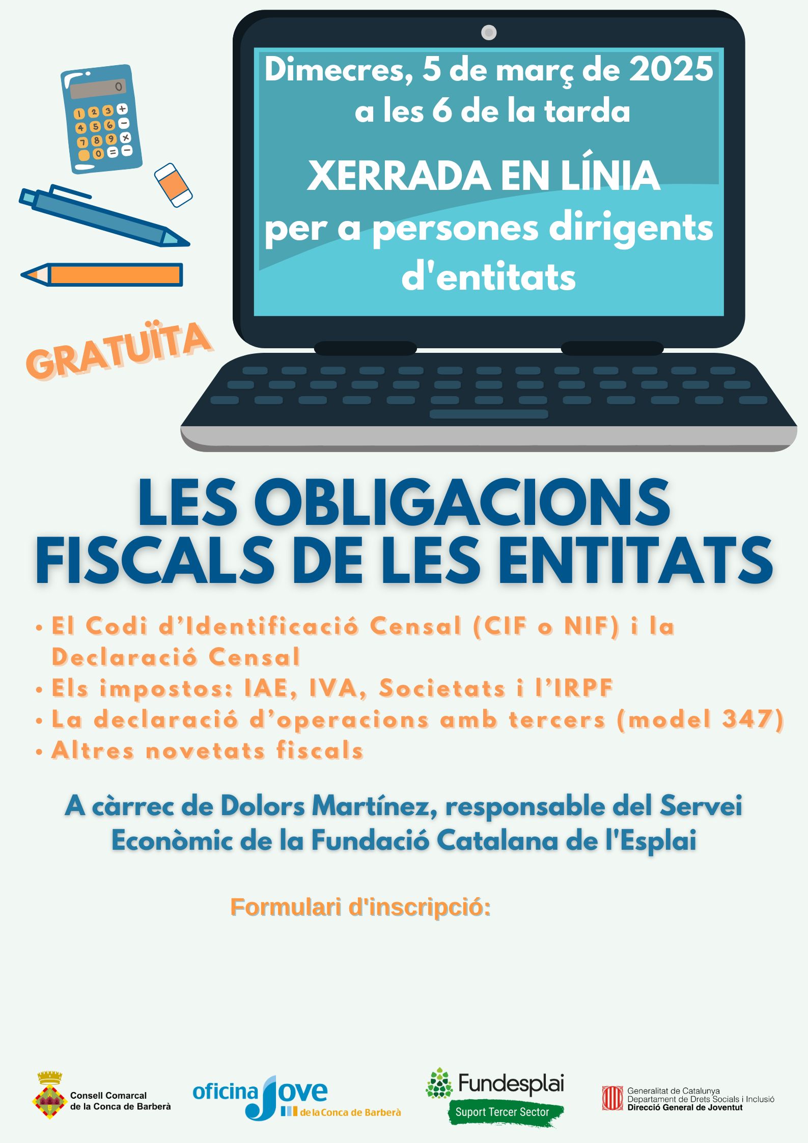 Xerrada en línia per a persones dirigents d'associacions “les obligacions fiscals de les entitats"