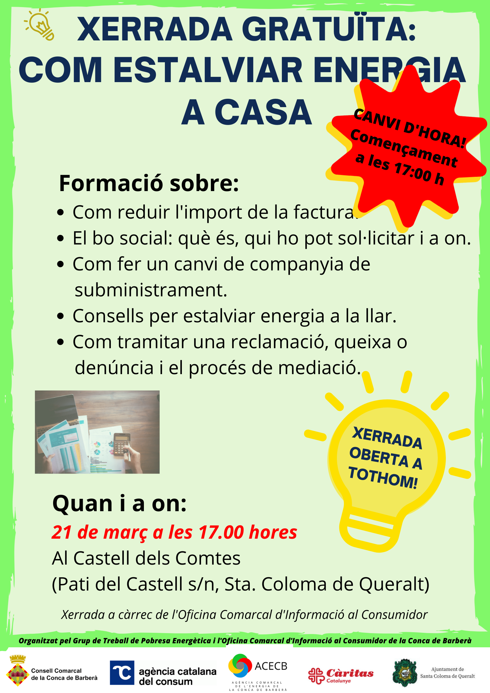 L'oficina comarcal d'informació al consumidor de la conca de barberà farà una xerrada informativa sobre com estalviar energia a casa